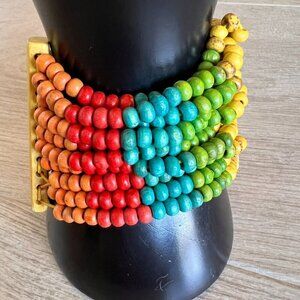 Wood Bracelet Cuff Free SZ Colorful Rainbow Beaded Multi Strand Stretch Bohemian